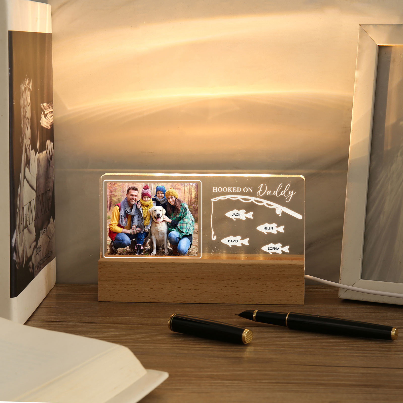 4 Names - Personalised Photo Fishing Pattern Desk Lamp Father's Day Gift For Dad