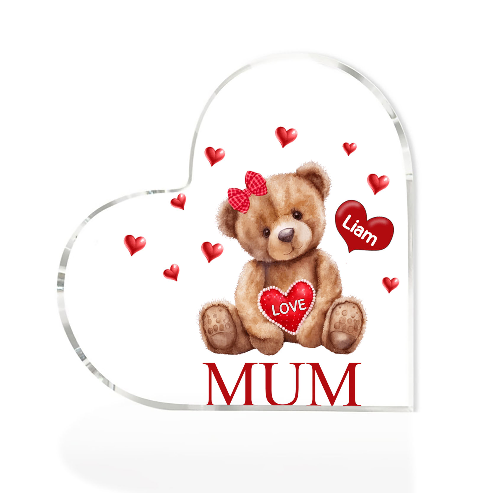1 Name-Personalised Mum Acrylic Heart Keepsake Custom Text Love Teddy Bear Ornaments Gifts Set With Gift Box for Grandma/Mother