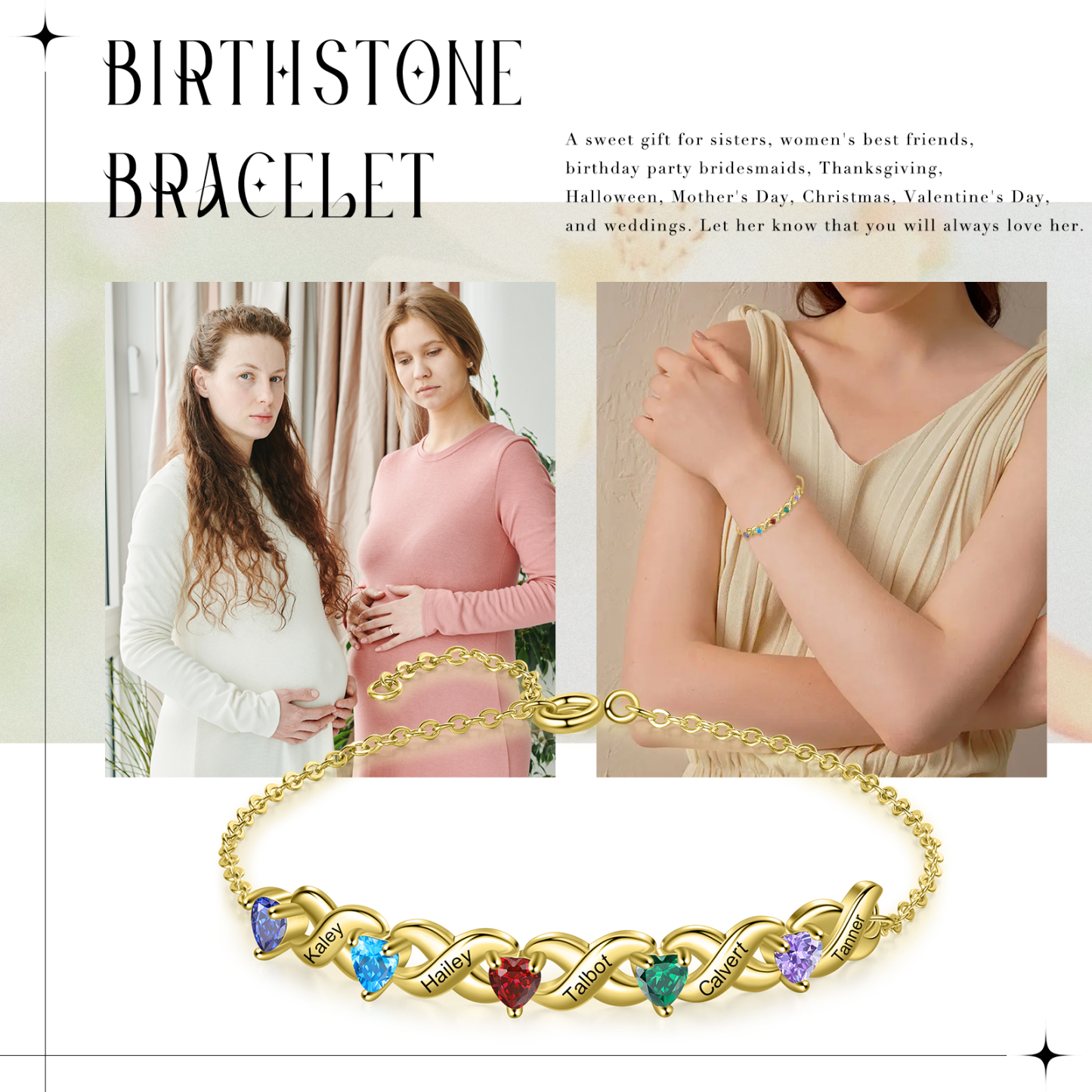 Personalised Bracelet With 5 Heart Birthstones Engraved Names Bracelet Gift For Women