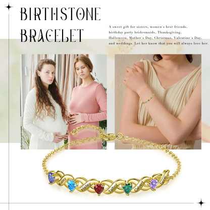Personalised Bracelet With 5 Heart Birthstones Engraved Names Bracelet Gift For Women