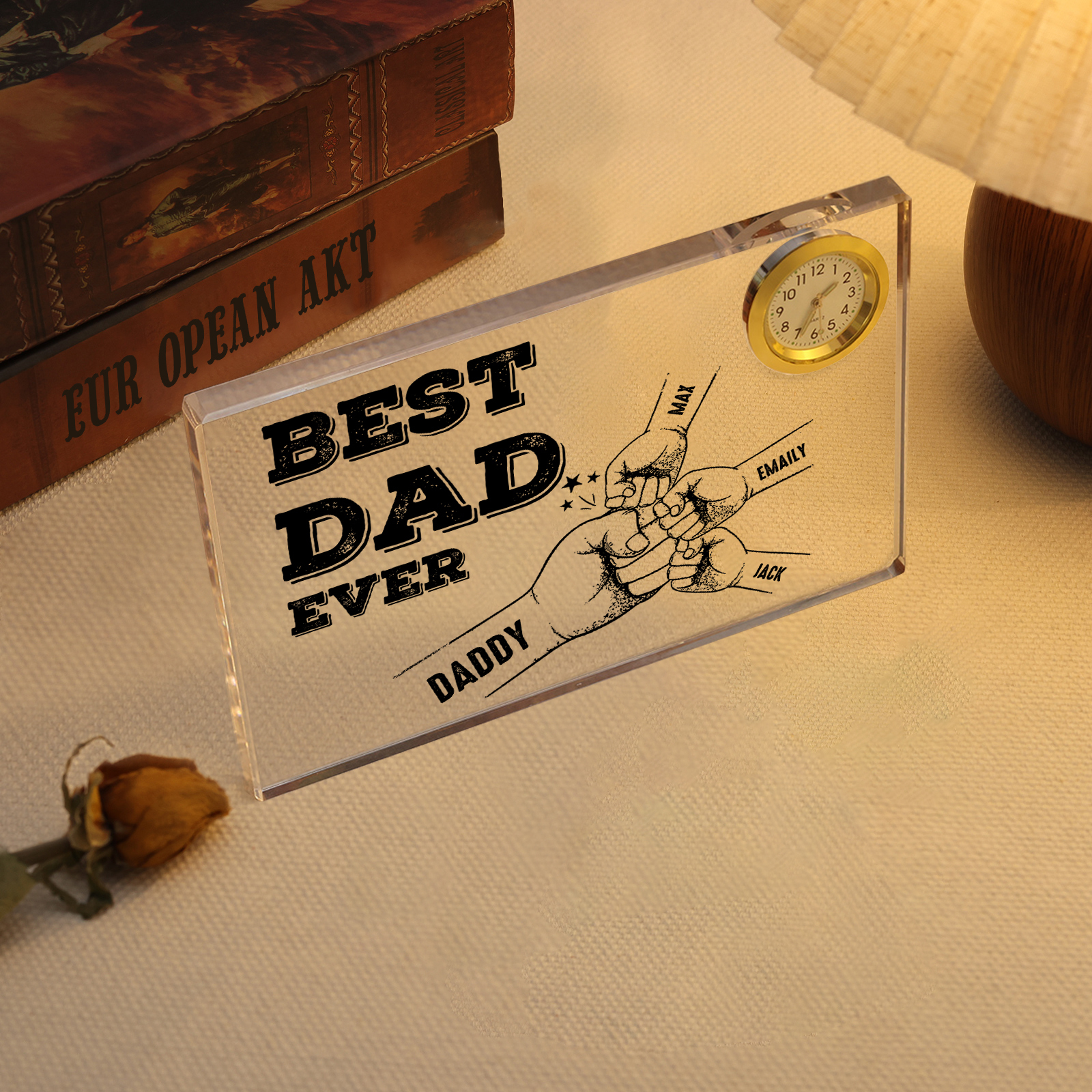 4 Names - Personalised Fist Bump Pattern Custom Name Acrylic Rectangular Clock Ornament Father's Day Gift