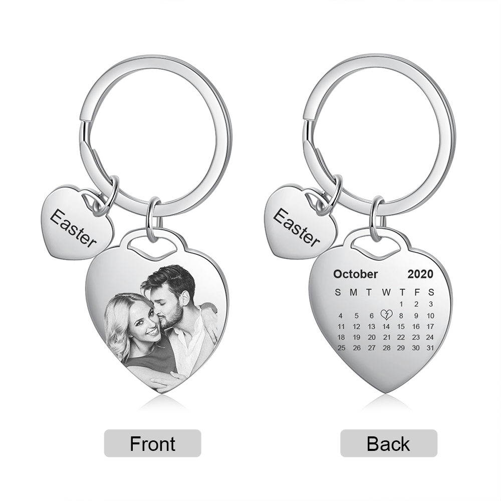 2 Names-Personalized Keychain Custom Photo Heart-Shape With Calendar - Anniversary Gifts For Him/Her