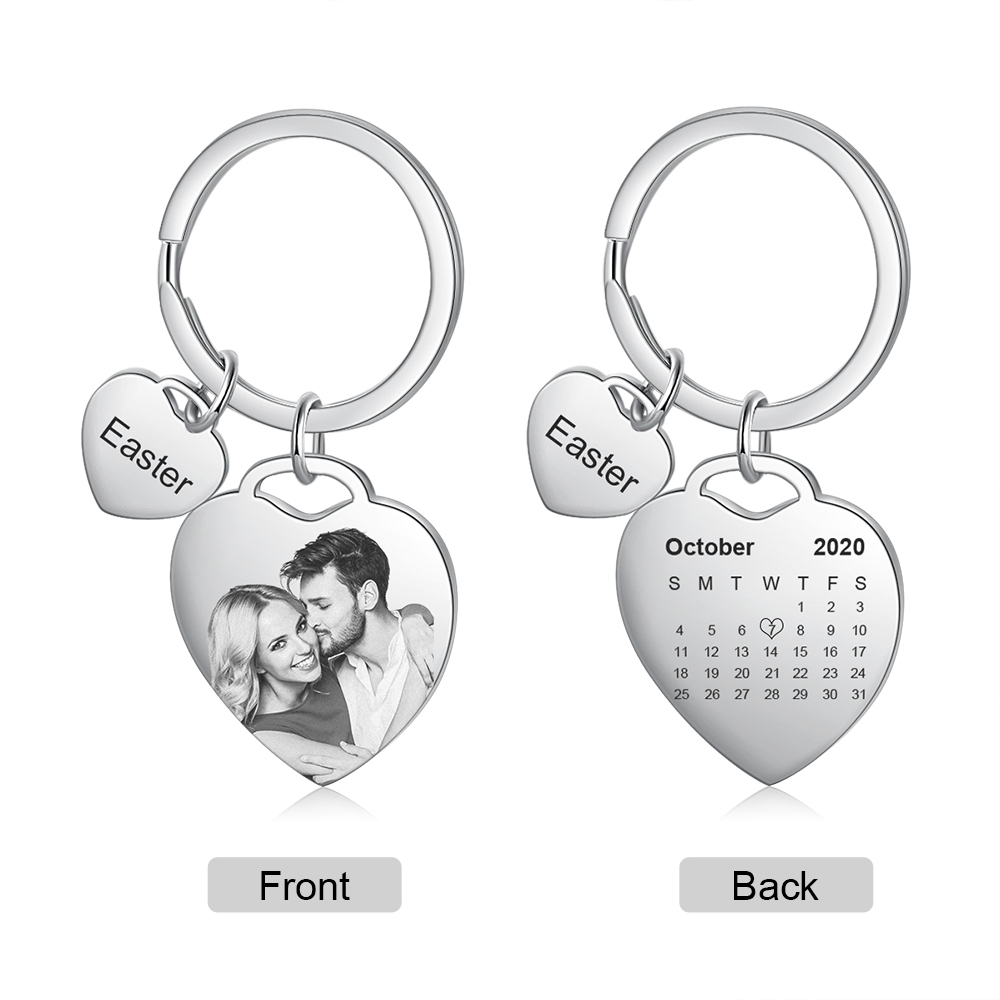 2 Names-Personalized Keychain Custom Photo Heart-Shape With Calendar - Anniversary Gifts For Him/Her