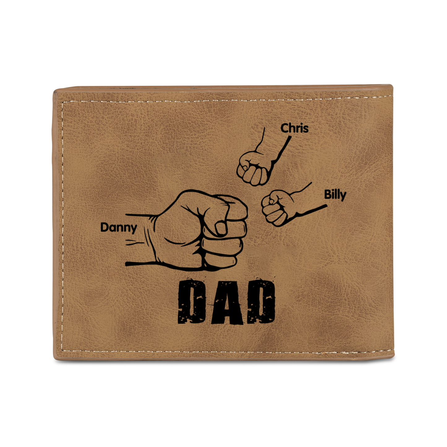 3 Names - Personalised Fist Bump Photo Custom Leather Men's Wallet as a Father's Day Gift for Dad