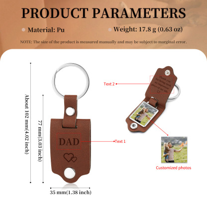 Personalised 2 Texts & 1 Photo Men's Leather Keyring Three Colors Available for Dad
