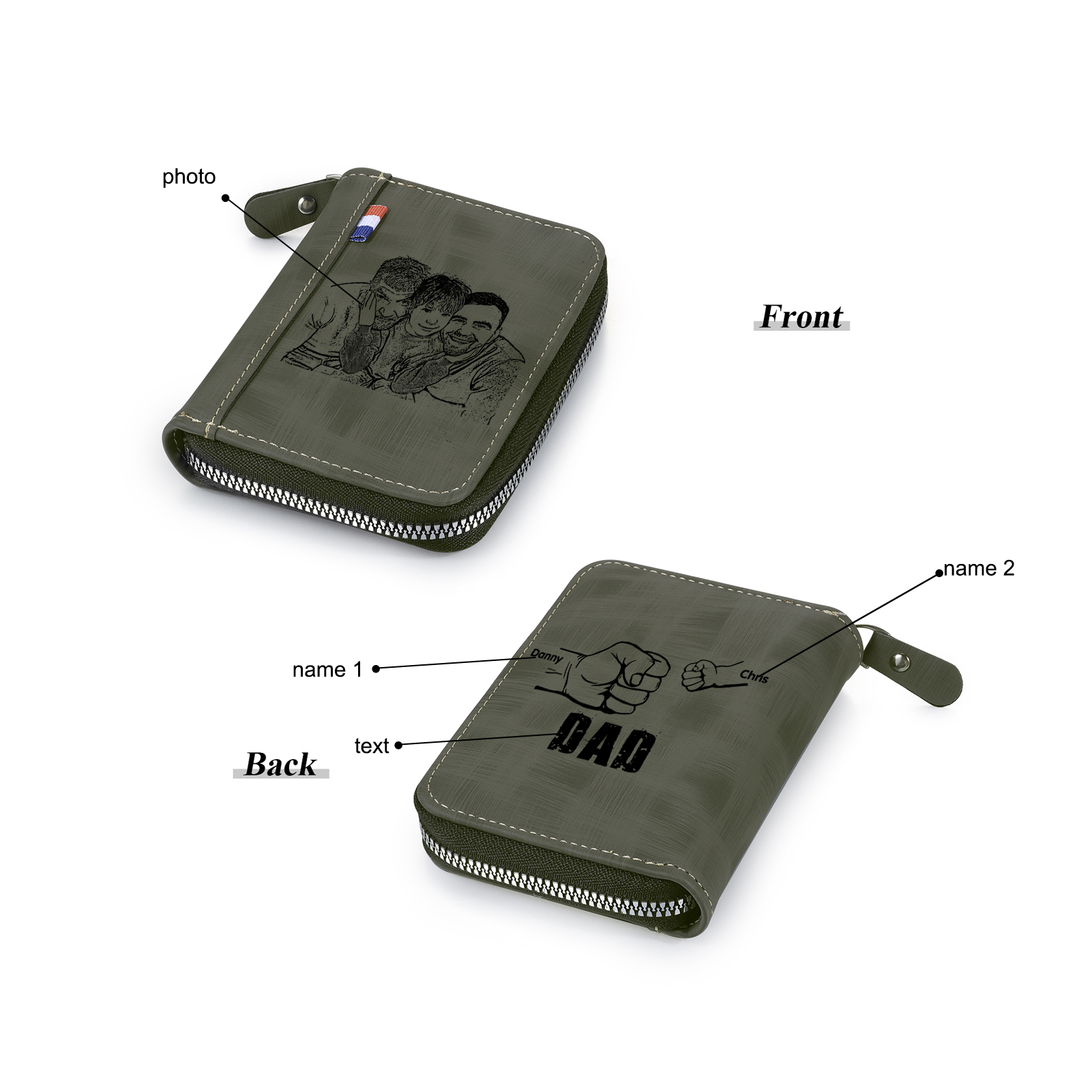 2 Names - Personalised Fist Bump Fist Bump Photo Custom Leather Men's Zipper Wallet as a Father's Day Gift for Dad