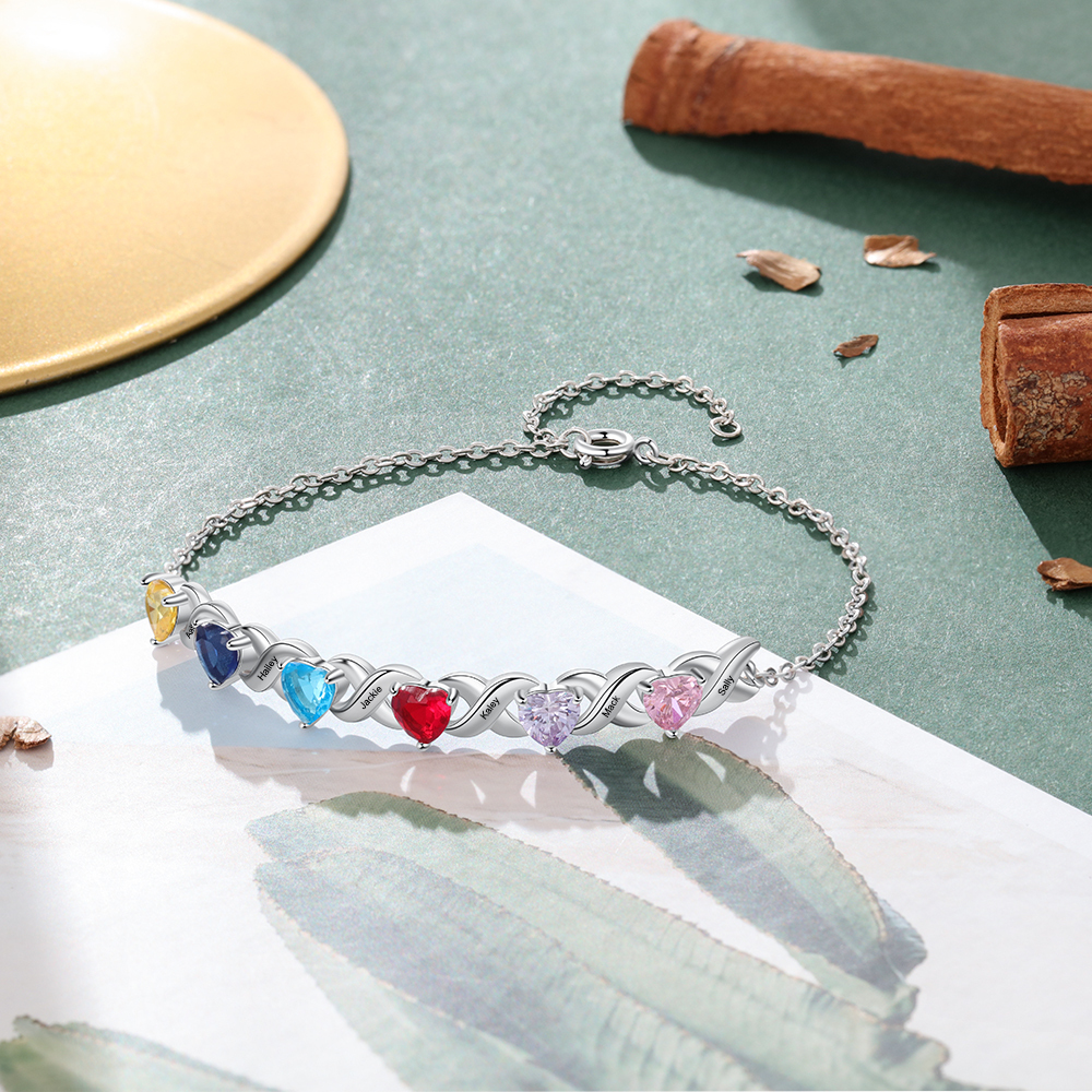 Personalised Bracelet With 6 Heart Birthstones Engraved Names Bracelet Gift For Women