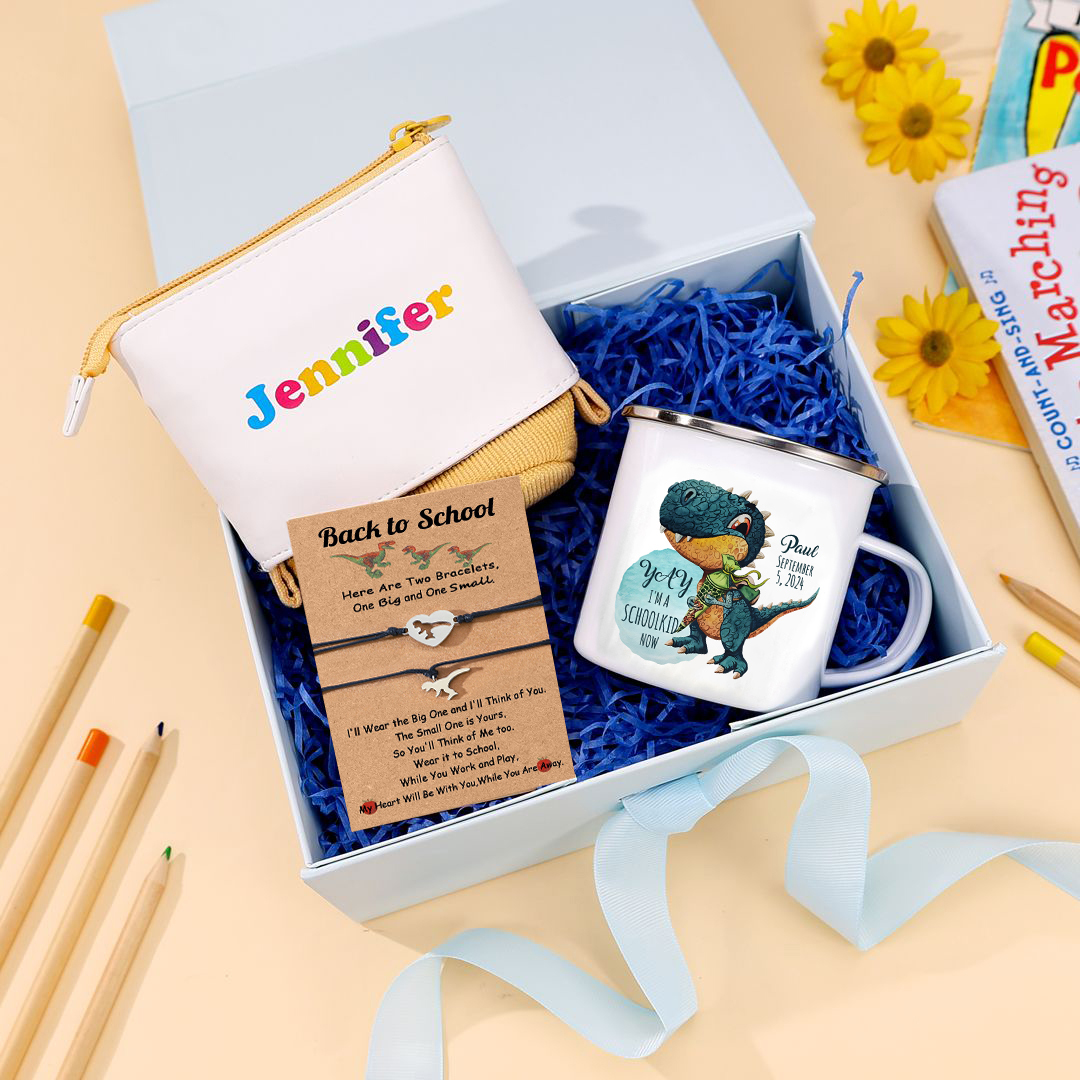 Back to School Gift Set -Personalized Gift Customized Name and Date Enamel Mug and Yellow Pencil Case and Dinosaur Bracelet Set - Gift for Kids