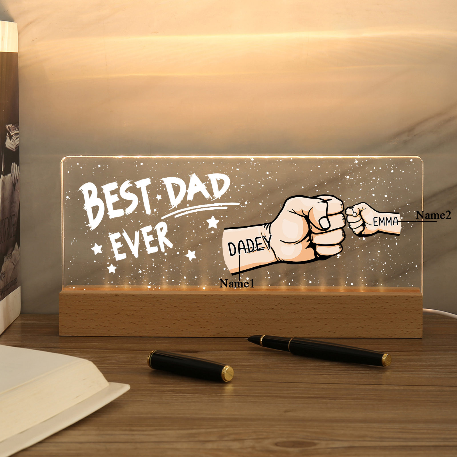 2 Names - Personalised Fist Bump Lamp - Best Dad Ever - Father's Day Gift for Dad