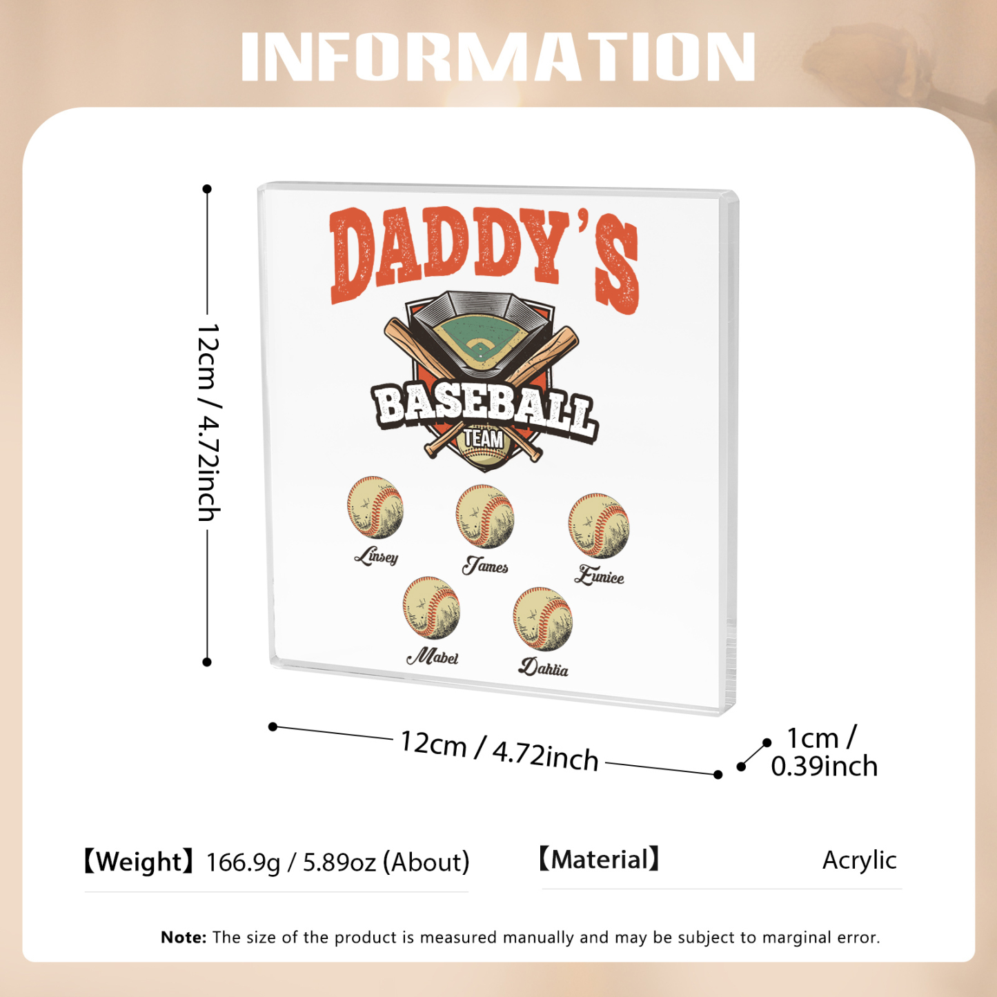 5 Names - Personalised Baseball Acrylic Keepsake Customized Name Acrylic Plaque Decoration Father's Day Gift for Dad