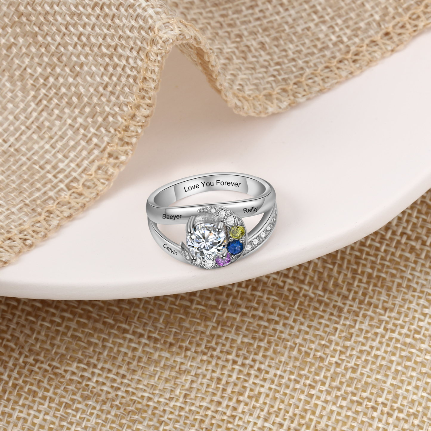 Personalised Moon Star Ring With 3 Birthstones Custom Names Best Gift For Women