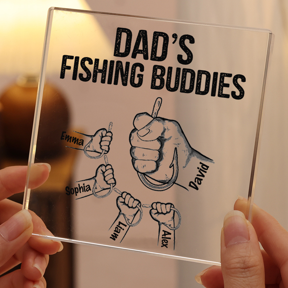 5 Names - Personalised Fishhook Fist Bump Pattern Family Acrylic Keepsake Customized Name Acrylic Home Decor Gift for Dad