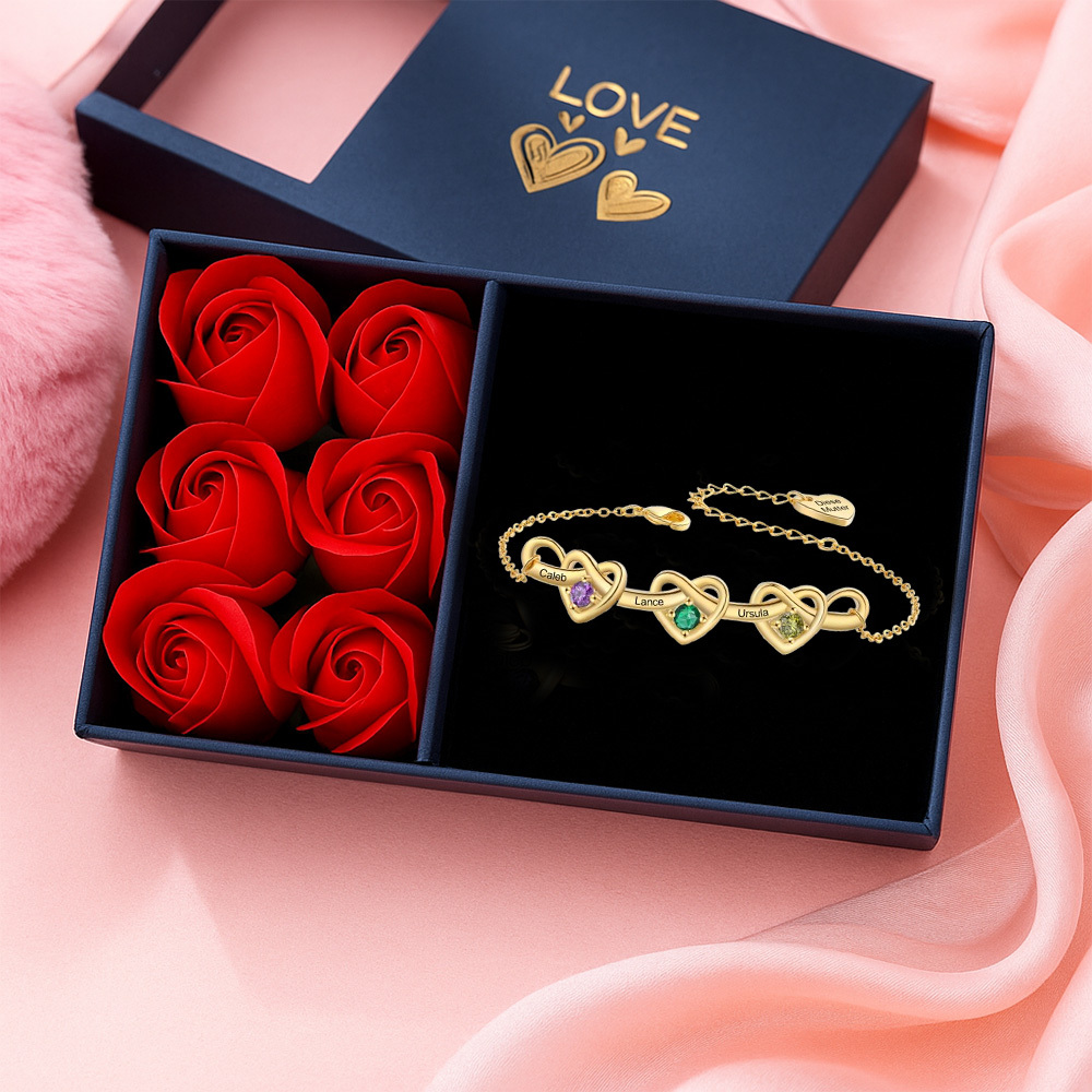 Personalised 1-8 Names Bracelet Customised Birthstones & 1 Text Heart Bracelet for Her | Jessemade