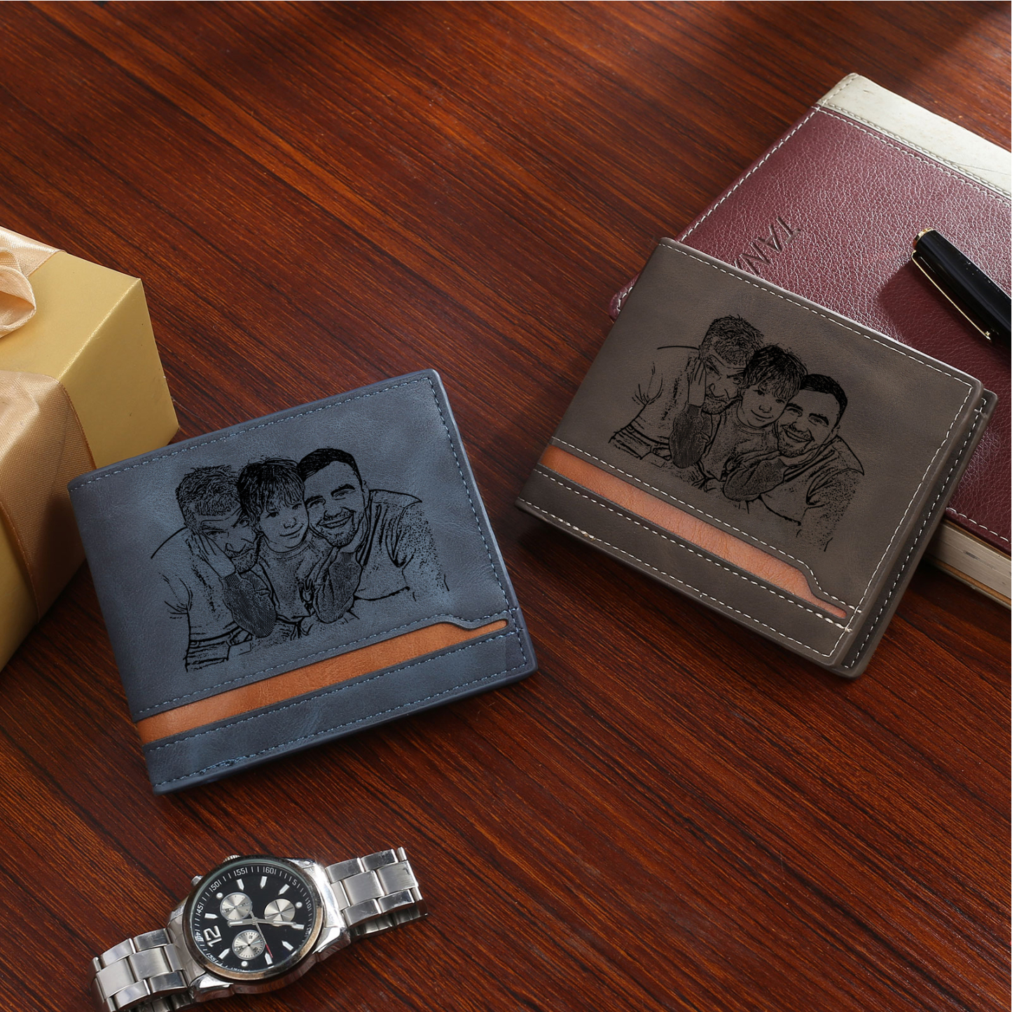 3 Names - Personalised Photo Custom Leather Men's Folding Wallet as a Father's Day Gift for Dad