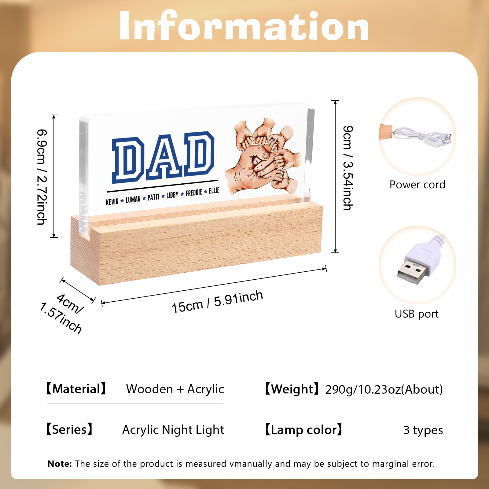 6 Names - Personalised Fist Bump Table Lamp - Dad's Dream Team - Father's Day Gift for Dad