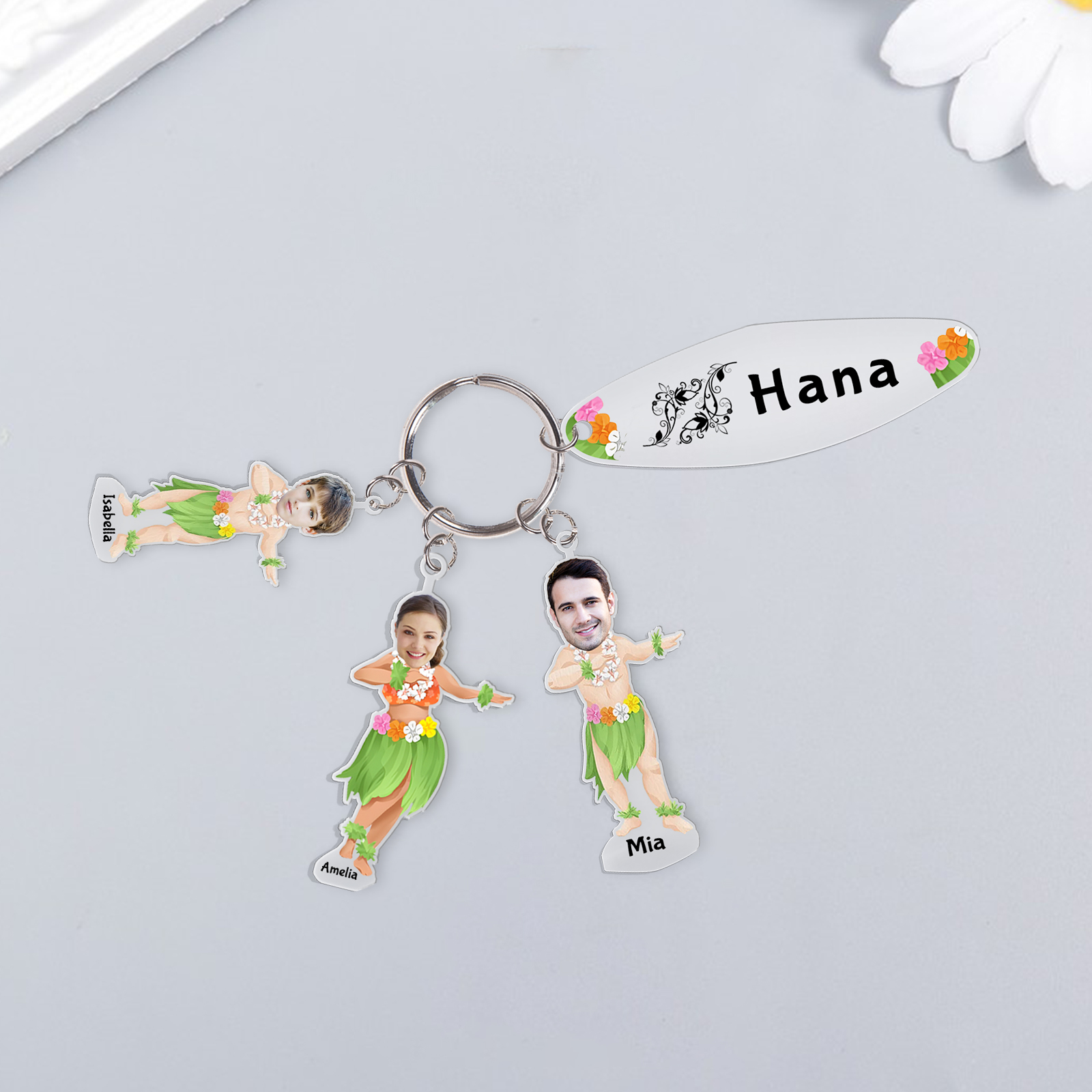 3 Names - Personalised Hawaiian Style Keyring With 3 Photo,3 Name and Text, Gift For Family
