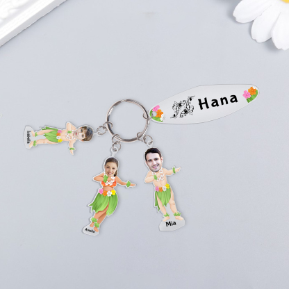 3 Names - Personalised Hawaiian Style Keyring With 3 Photo,3 Name and Text, Gift For Family
