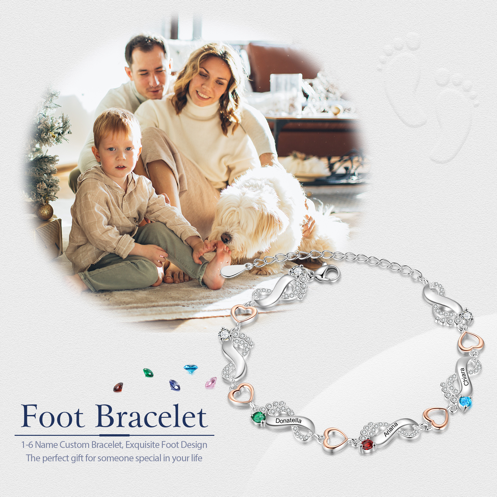 Personalised Baby Feet Bracelet Custom 3 Birthstones Set With Rose Gift Box Heart Bracelet Gifts For Women