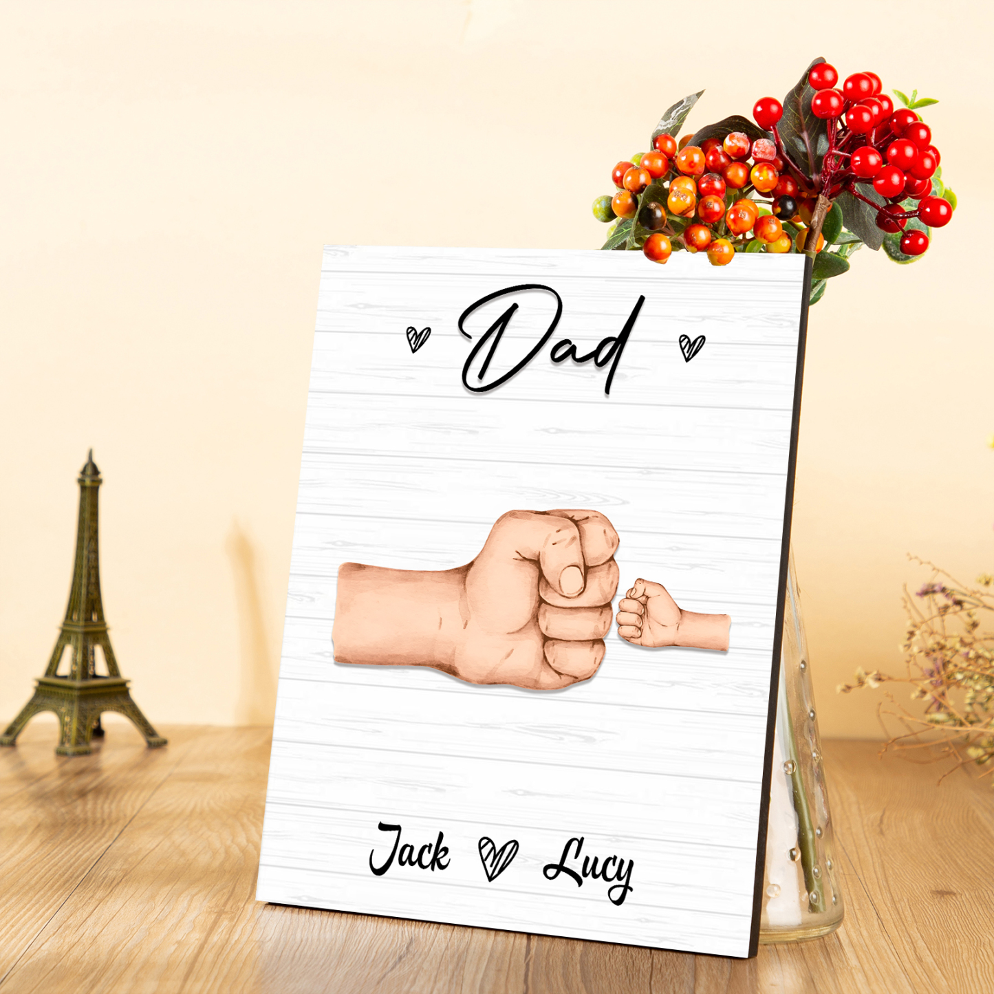 2 Names - Personalised Wooden Ornament Fist Bump Style Engraved Name and Text Ornament for Dad