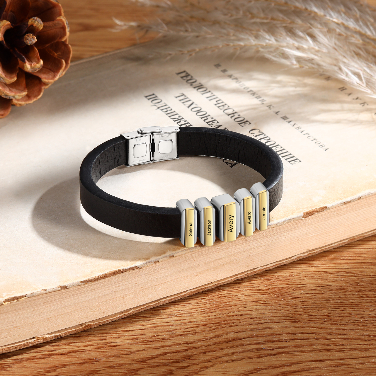 5 Names Personalised Stainless Steel Leather Bracelet Engraved Name Men's Bracelet Gift for Dad