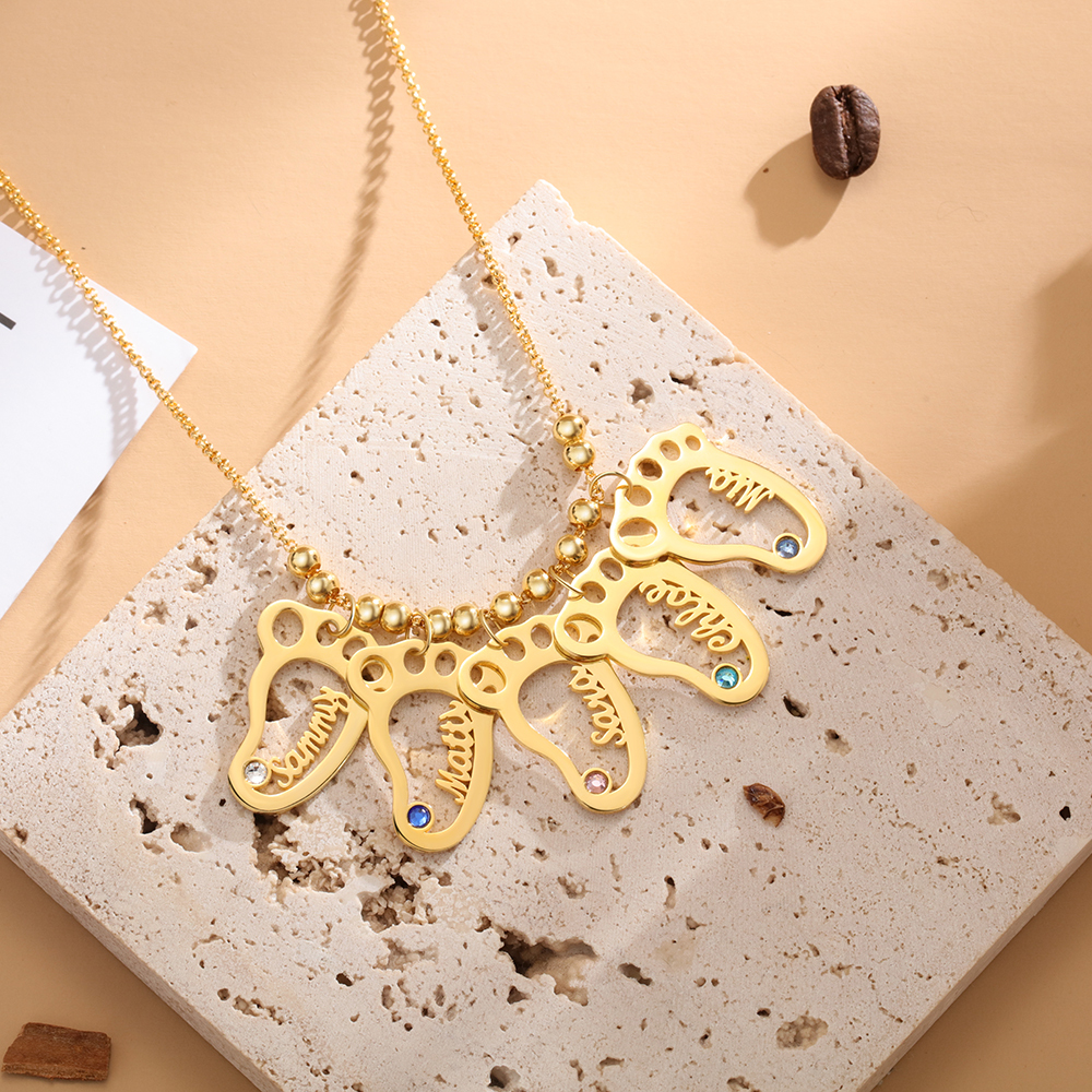 Personalised Baby Foot Necklace With 5 Birthstones Engraved Names Gift For Mother