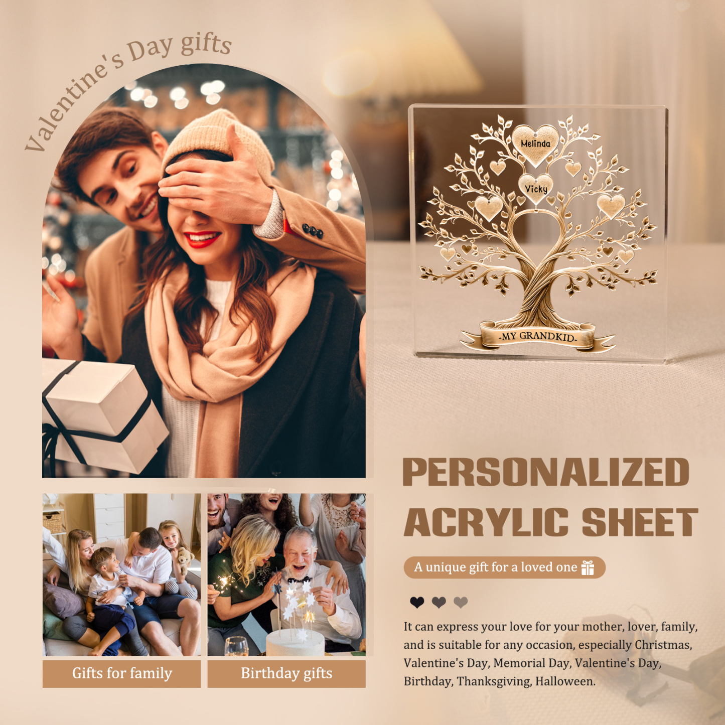2 Names-Personalised Family Tree Acrylic Keepsake-Custom Text and Names-Acrylic Plaque Home Decoration Gift for Family/Dad/Grandad