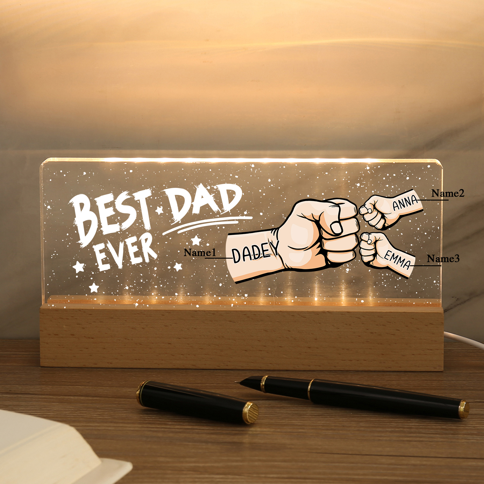 3 Names - Personalised Fist Bump Lamp - Best Dad Ever - Father's Day Gift for Dad