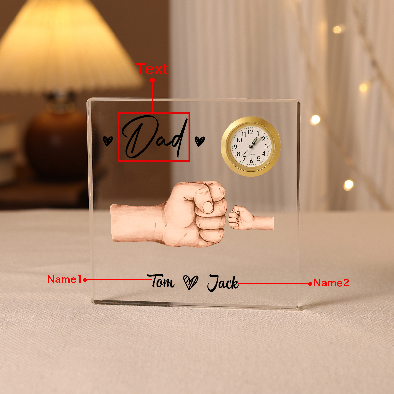 2 Names - Personalised Fist Bump Style Acrylic Clock Ornament Customized Name and Text Acrylic Father's Day Gift for Dad