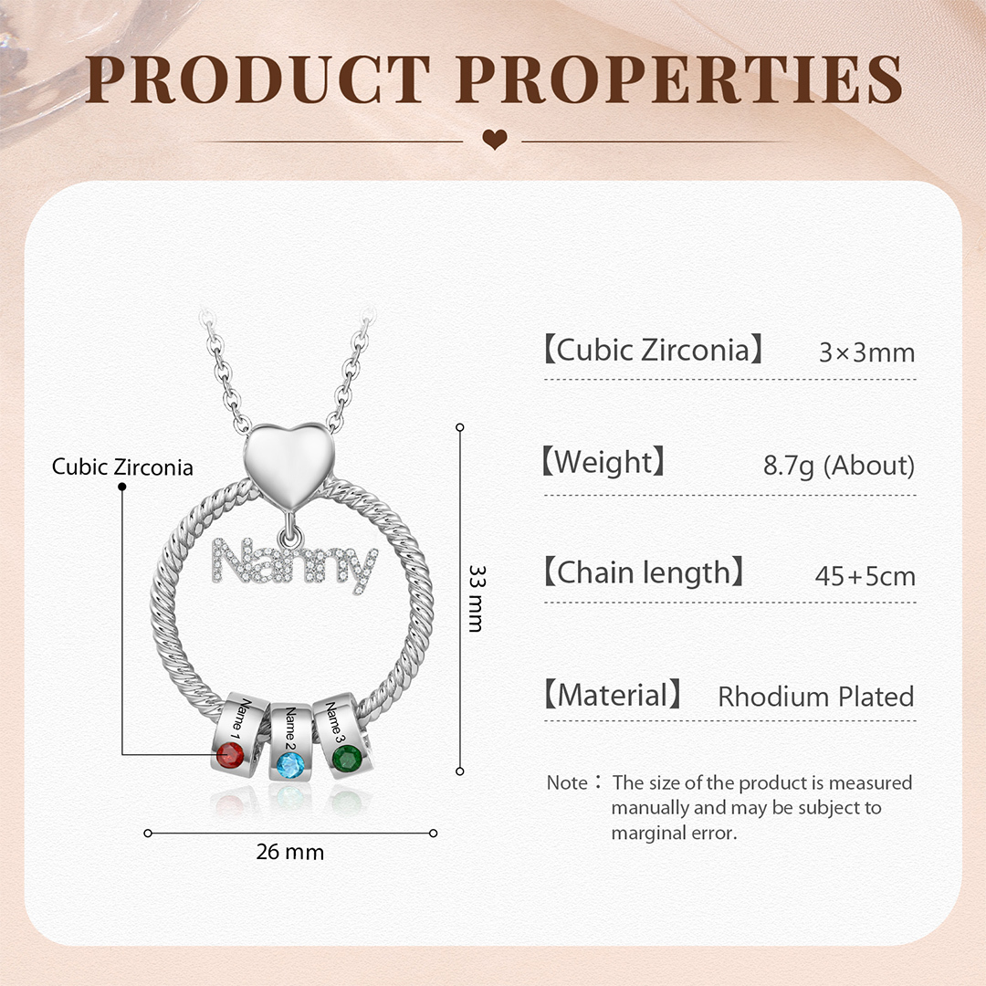 3 Names-Personalised Nanny Circle Necklace With 3 Birthstones Pendant Engraved Names Gift For Nanny