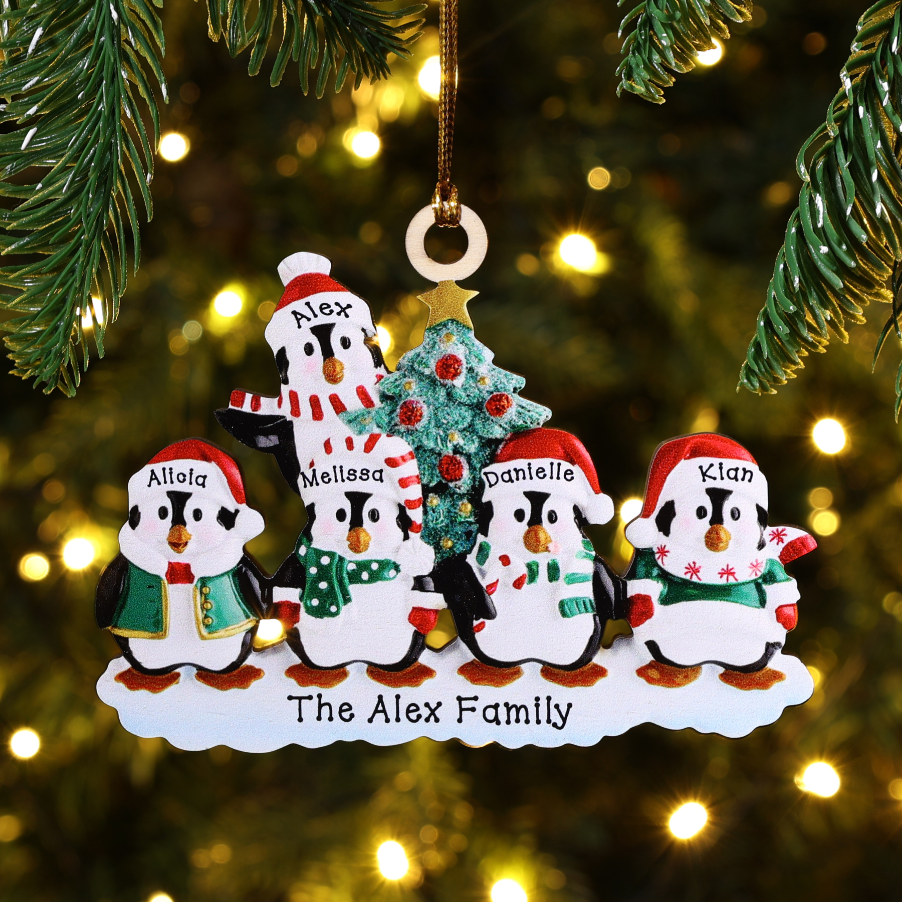 9 Names-Personalized Family Wooden Christmas Ornament-Custom 9 Names Hanging Ornament Gifts For Family-Winter Penguin Family