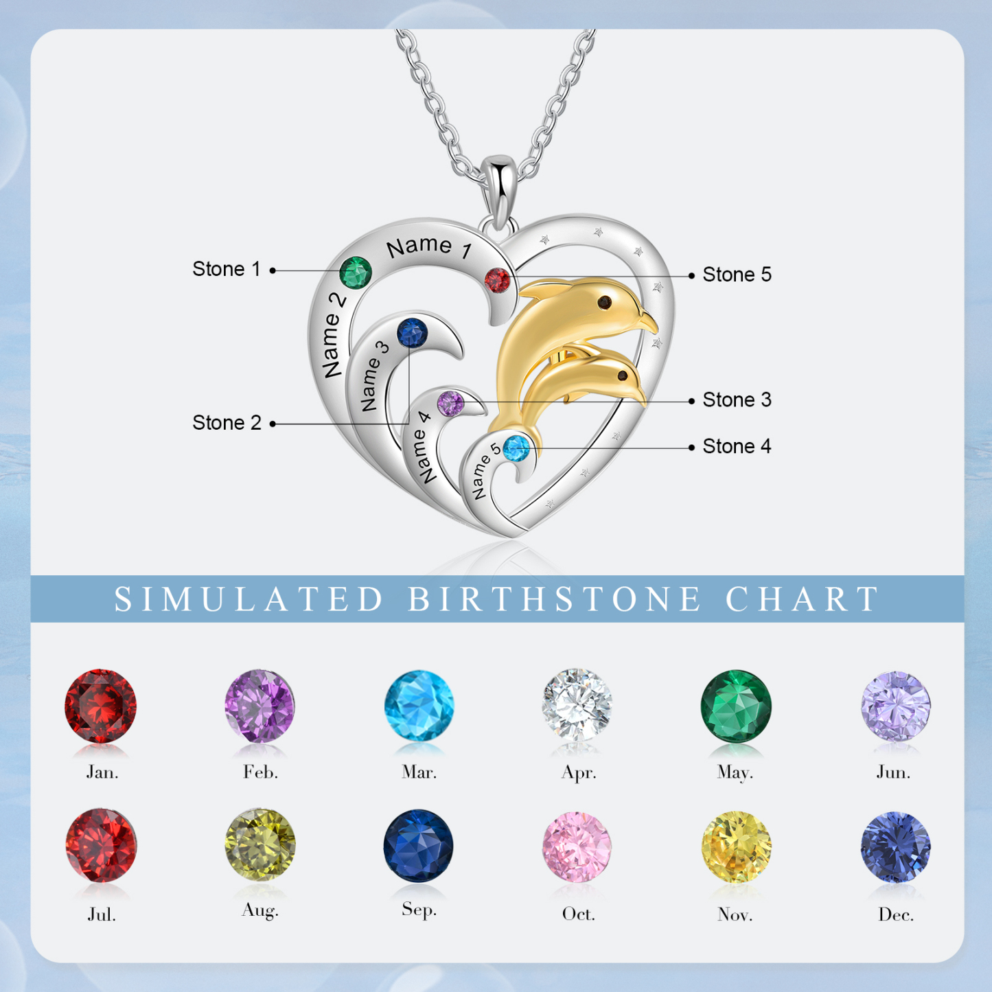 5 Names - Personalised Beautiful Dolphin Heart Necklace with Customized Name and Birthstone Gift for Her