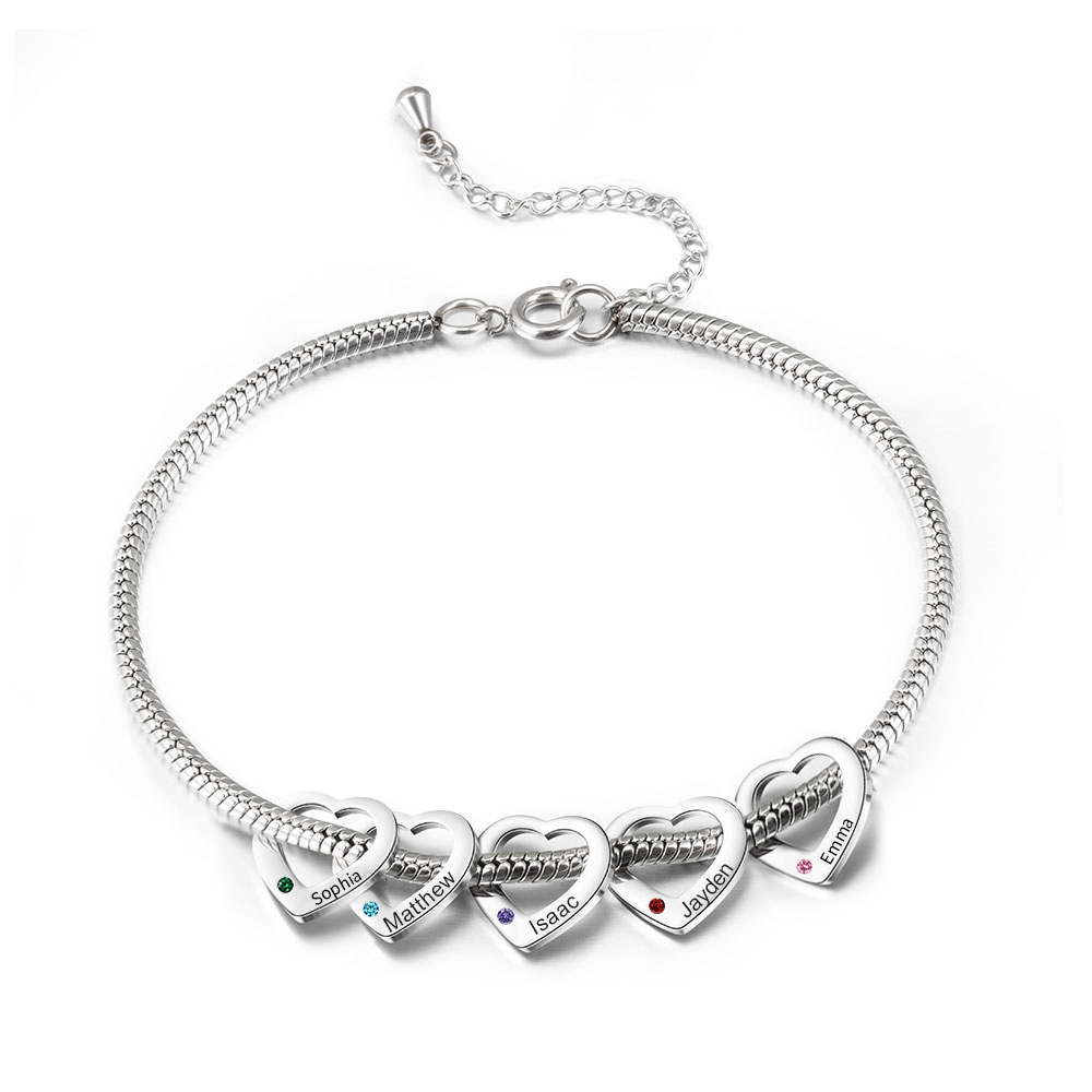 Custom Anklet Engraved 5 Names and Birthstones Heart Shaped Charm Personalised Bracelet for Women