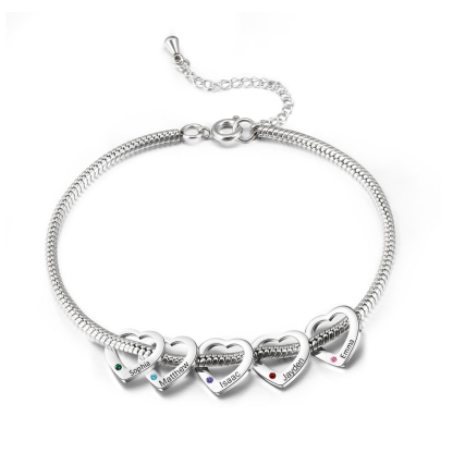 Custom Anklet Engraved 5 Names and Birthstones Heart Shaped Charm Personalised Bracelet for Women