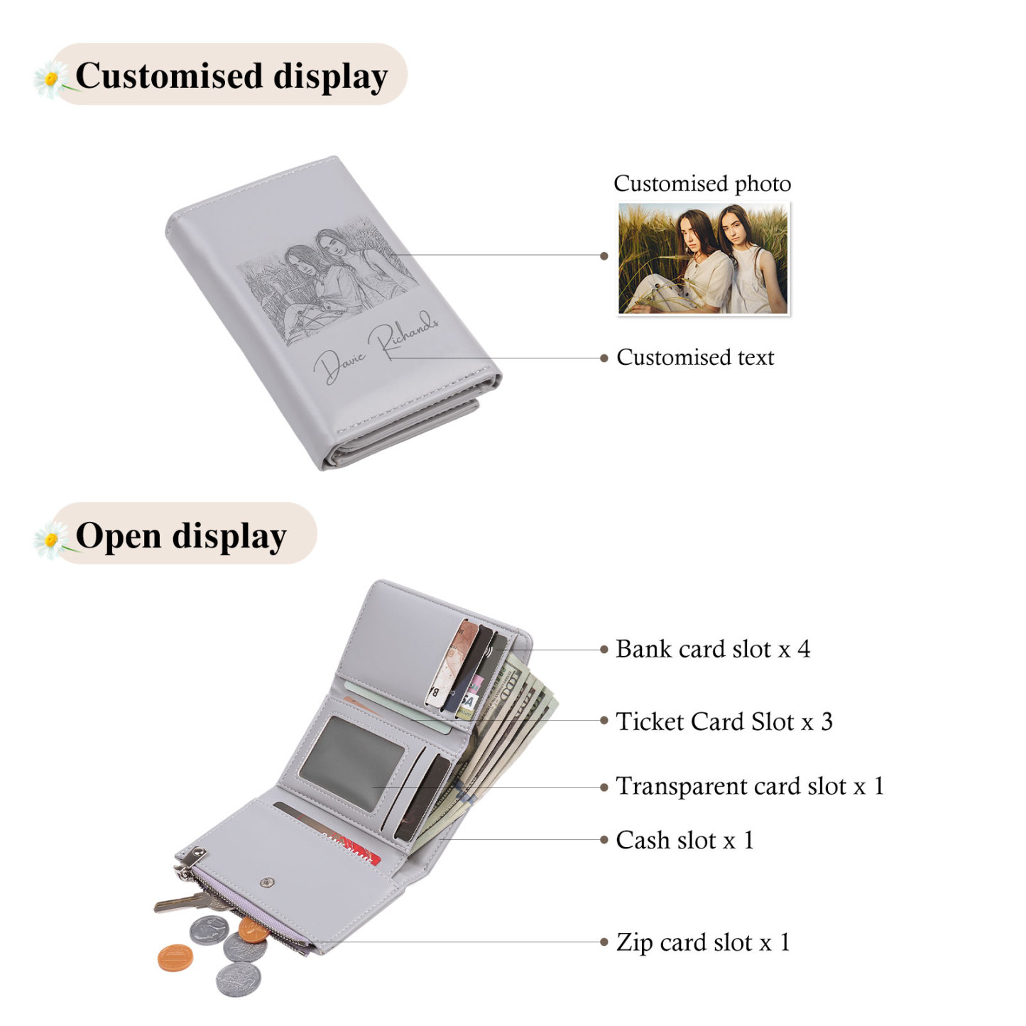 Custom Purse-Personalised Photo Quality Leather Folding Zip Wallet Custom Text Wallet Gift for Her