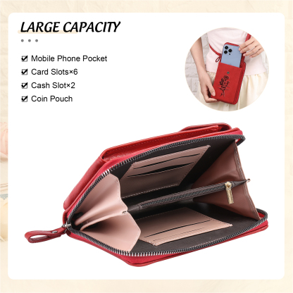 Custom Purse-Personalised Women's Leather Wallet Custom Birthflower & Name Mobile Phone Wallet Zipper Crossbody Bag