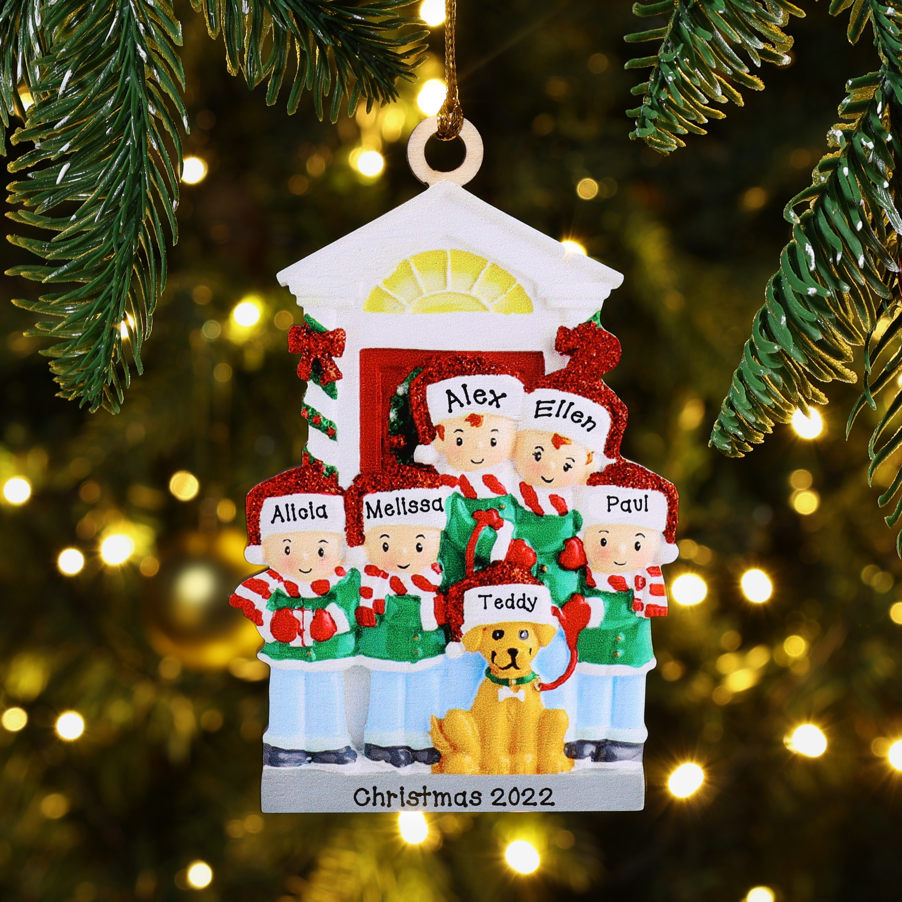 5 Names+Dog Name-Personalised Family Christmas Xmas Tree Decoration Hanging Wooden Ornament with Name-Family with Dog