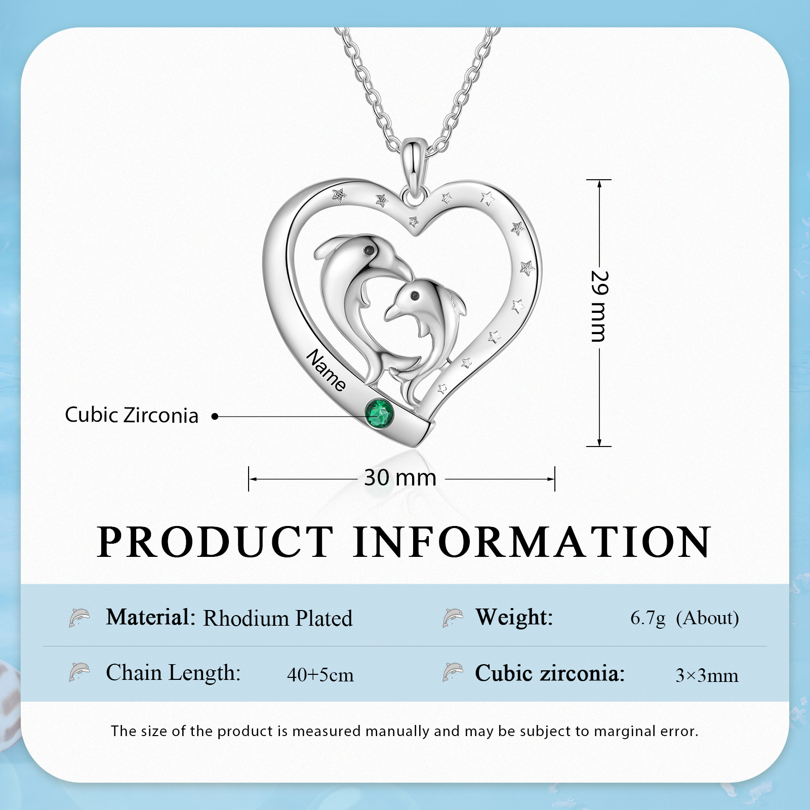 1 Name - Personalised Beautiful Dolphin Heart Necklace with Customized Name and Birthstone Gift for Her