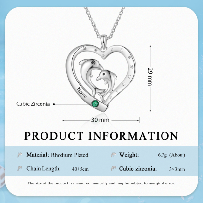 1 Name - Personalised Beautiful Dolphin Heart Necklace with Customized Name and Birthstone Gift for Her