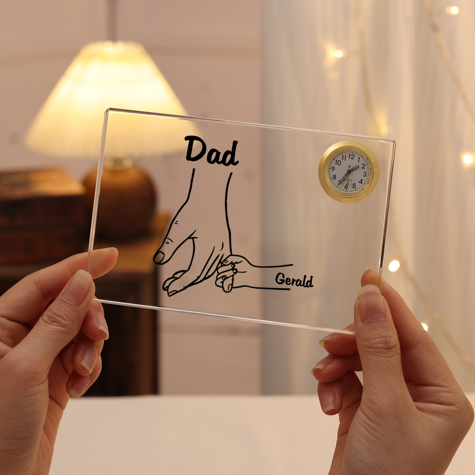 2 Names - Personalised Holding Hands Pattern Custom Name Acrylic Rectangular Clock Ornament Father's Day Gift
