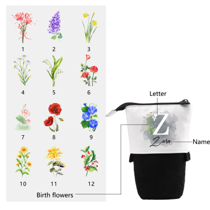 Personalised Pencil Case Custom Name & Letter & Birthday Flower Pen Pouch Back To School Gift for Kids