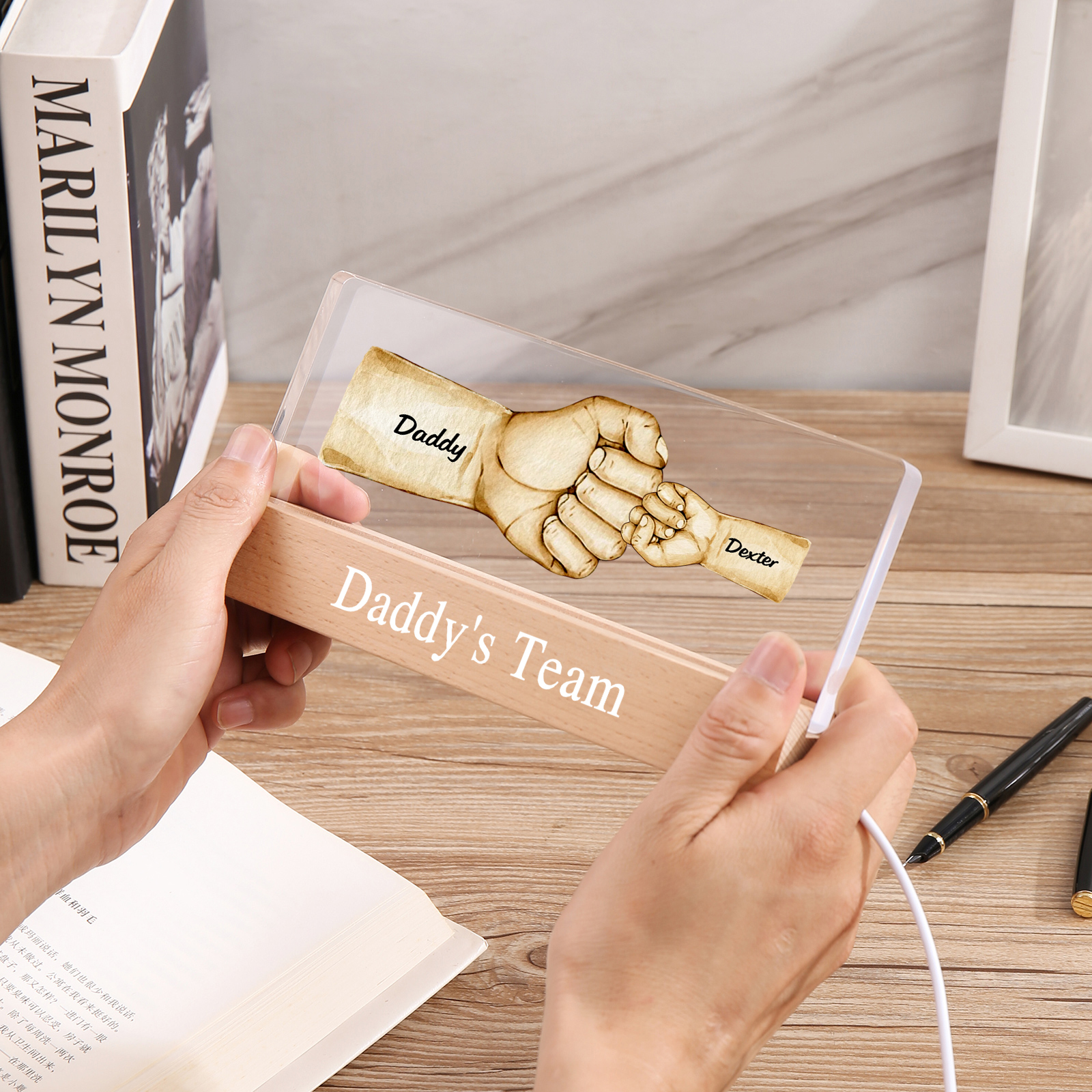 2 Names - Personalised Fist Bump Pattern Table Lamp Customized Text Father's Day Gift for Dad