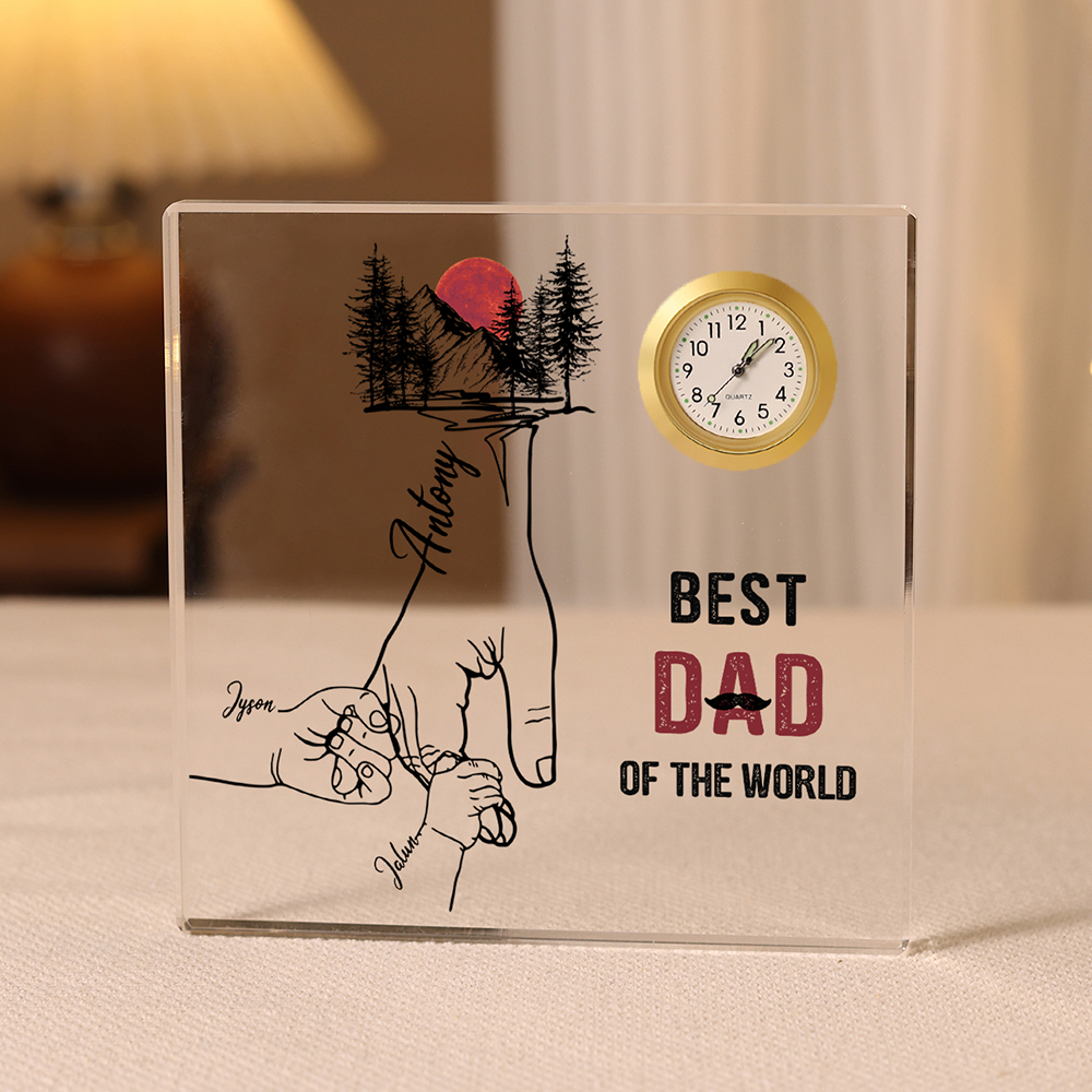 3 Names - Personalised Holding Hands Pattern Acrylic Rectangular Clock Ornament Father's Day Gift for Dad