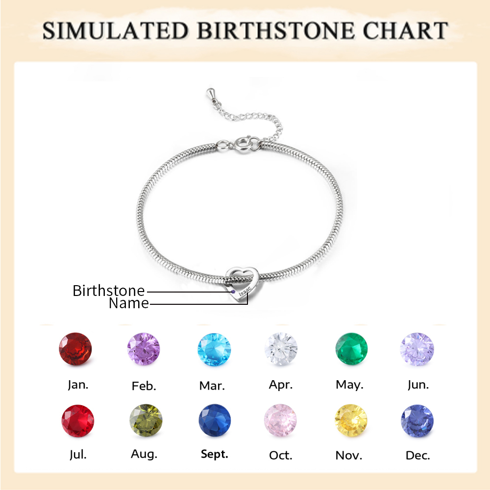 Custom Anklet Engraved 1 Name and Birthstone Heart Shaped Charm Personalised Bracelet for Women