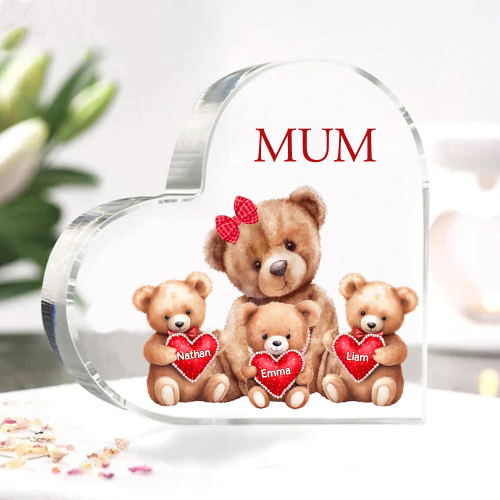 3 Names-Personalised Mum Acrylic Heart Keepsake Custom Text Love Teddy Bear Ornaments Gifts Set With Gift Box for Grandma/Mother