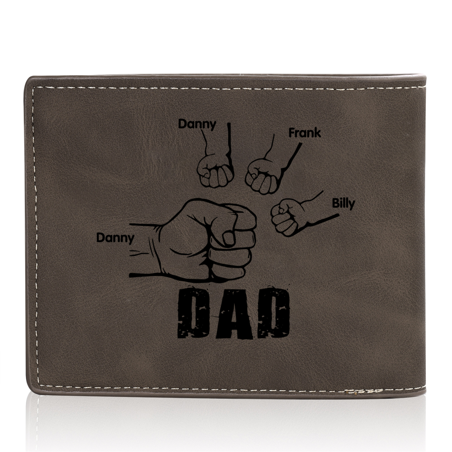 4 Names - Personalised Fist Bump Photo Custom Leather Men's Wallet as a Father's Day Gift for Dad