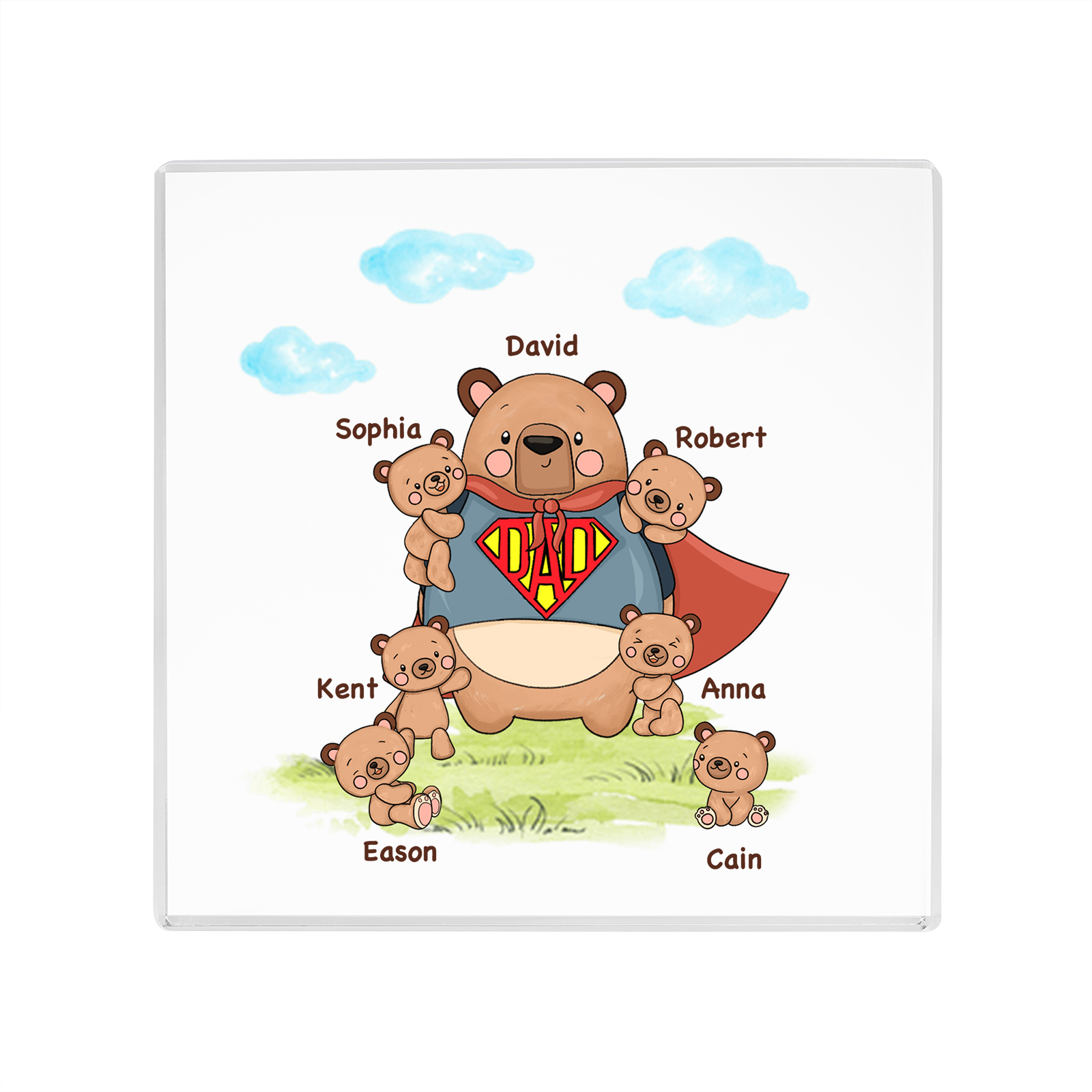 7 Names-Personalised Super Bear Family Acrylic Keepsake-Custom Text and Names-Acrylic Plaque Home Decoration Gift for Dad/Grandad