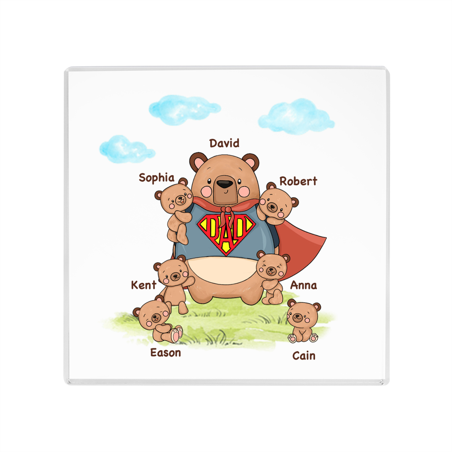 7 Names-Personalised Super Bear Family Acrylic Keepsake-Custom Text and Names-Acrylic Plaque Home Decoration Gift for Dad/Grandad