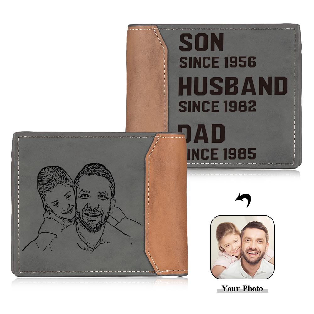 Personalised Photo Customized Leather Men's Wallet Customized with 3 Dates as Father's Day Gift for Dad