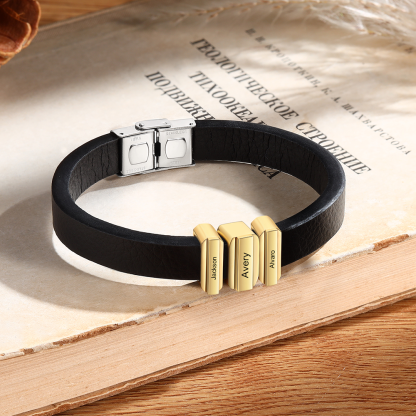 3 Names Personalised Stainless Steel Leather Bracelet Engraved Name Men's Bracelet Gift for Dad