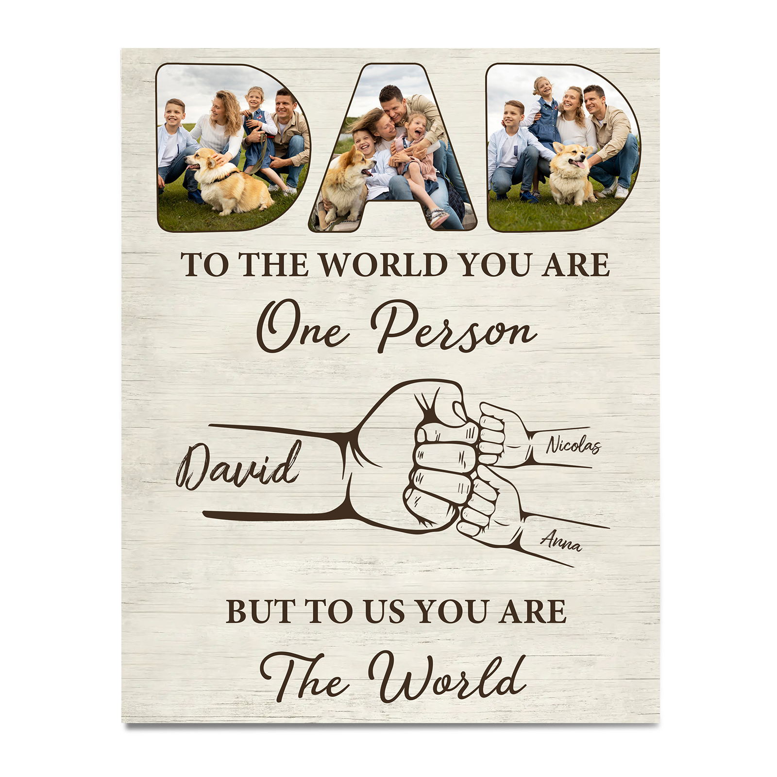 3 Names - Personalised Photos Fist Bump Home Wood Panel Painting Decorations Father's Day Gift for Dad